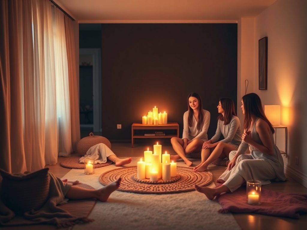 "A gentle, intimate circle of women in a softly lit room, barefoot on rugs, whispering, warm candles, soothing colors, serene faces, open embrace."