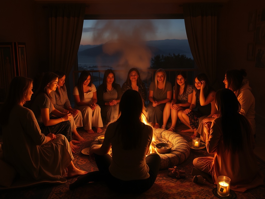 "A warm, intimate fire circle in twilight, diverse women 30-55 seated around gentle flames, soft smoke, sacred ritual tools, tranquil room glow"