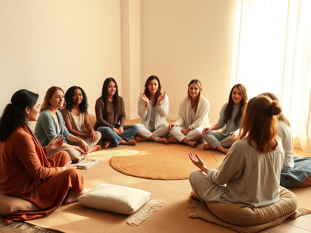 "A warm, intimate circle of diverse women seated in a softly lit circle, cushions and blankets, gentle gestures, serene faces, natural tones, calm atmosphere, inner peace."