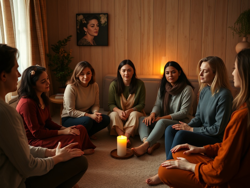 "A soft, intimate circle of diverse women seated in a quiet, cozy room; warm lighting, gentle mindful expressions, hands resting, serene atmosphere, candle glow."