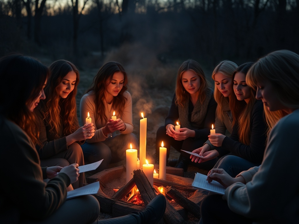"A warm, intimate fire circle for women, 30s-50s, soft candles, misty evening glow, diverse faces, serene expressions, writing notes to burn, tranquil surroundings."