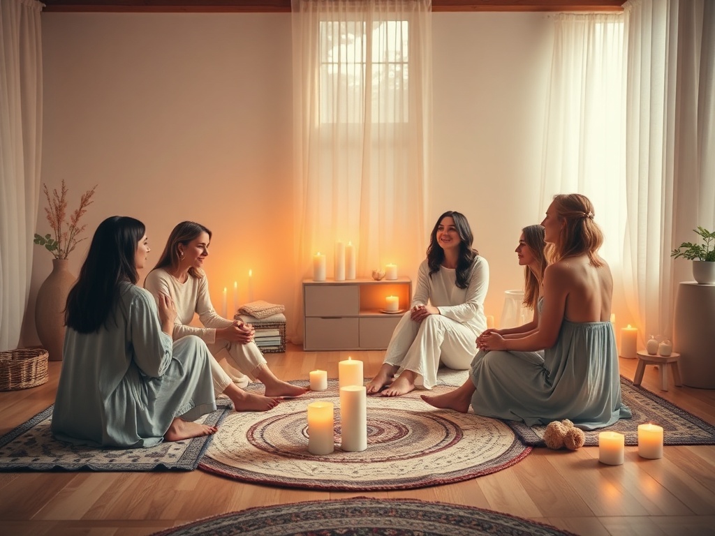 "A gentle, intimate circle of women in a softly lit room, barefoot on rugs, whispering, warm candles, soothing colors, serene faces, open embrace."