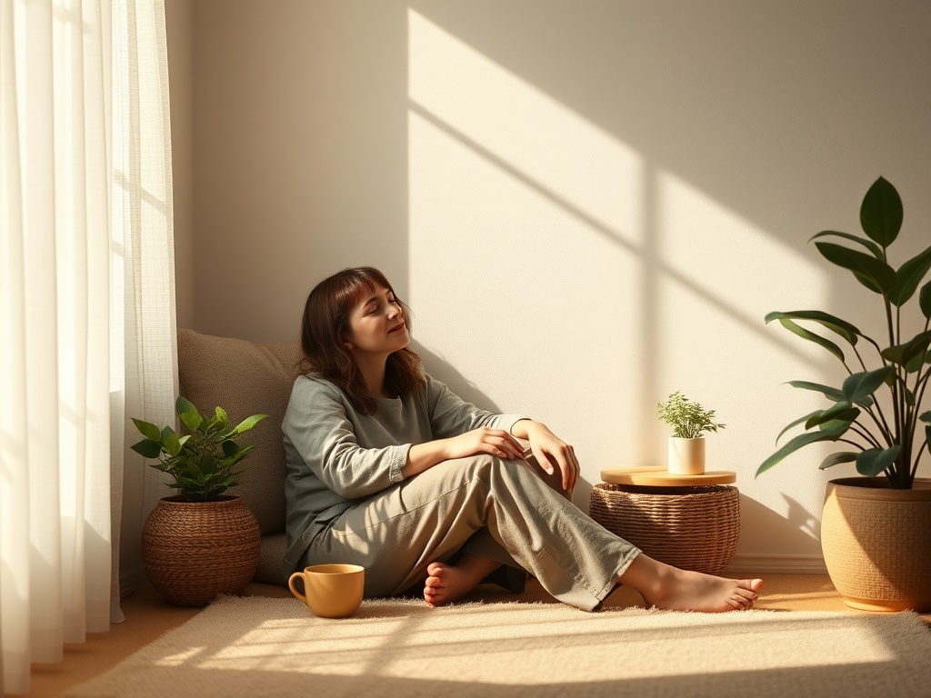 "A soft, serene scene of a woman in her 30s-40s seated peacefully in a cozy, sunlit corner, gentle colors, calm ambiance, subtle audio wave visuals, grounding objects (tea, plants), no logos."