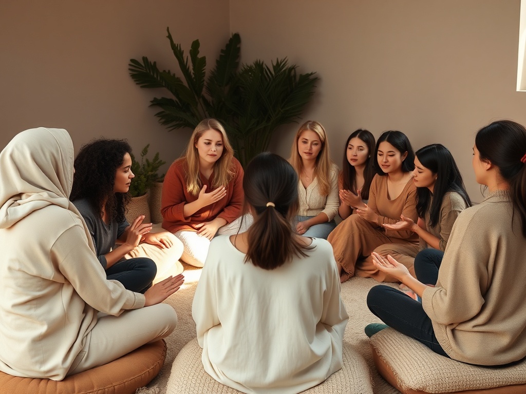 "A warm, intimate circle of diverse women seated in a softly lit circle, cushions and blankets, gentle gestures, serene faces, natural tones, calm atmosphere, inner peace."