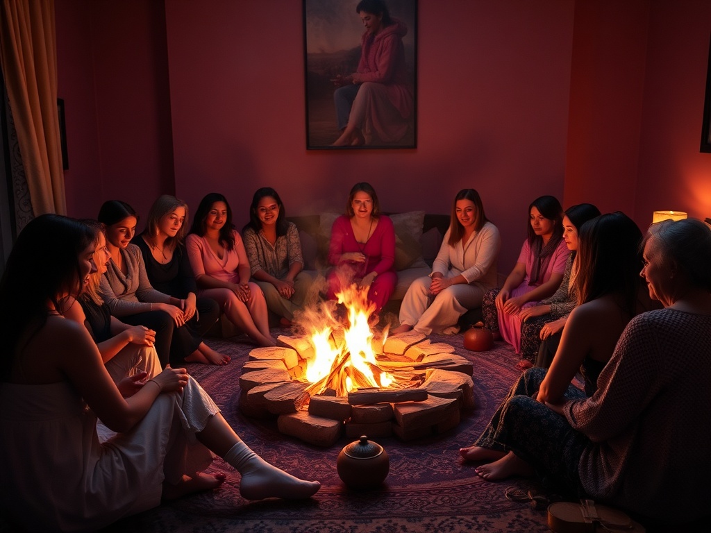 "A warm, intimate fire circle in twilight, diverse women 30-55 seated around gentle flames, soft smoke, sacred ritual tools, tranquil room glow"