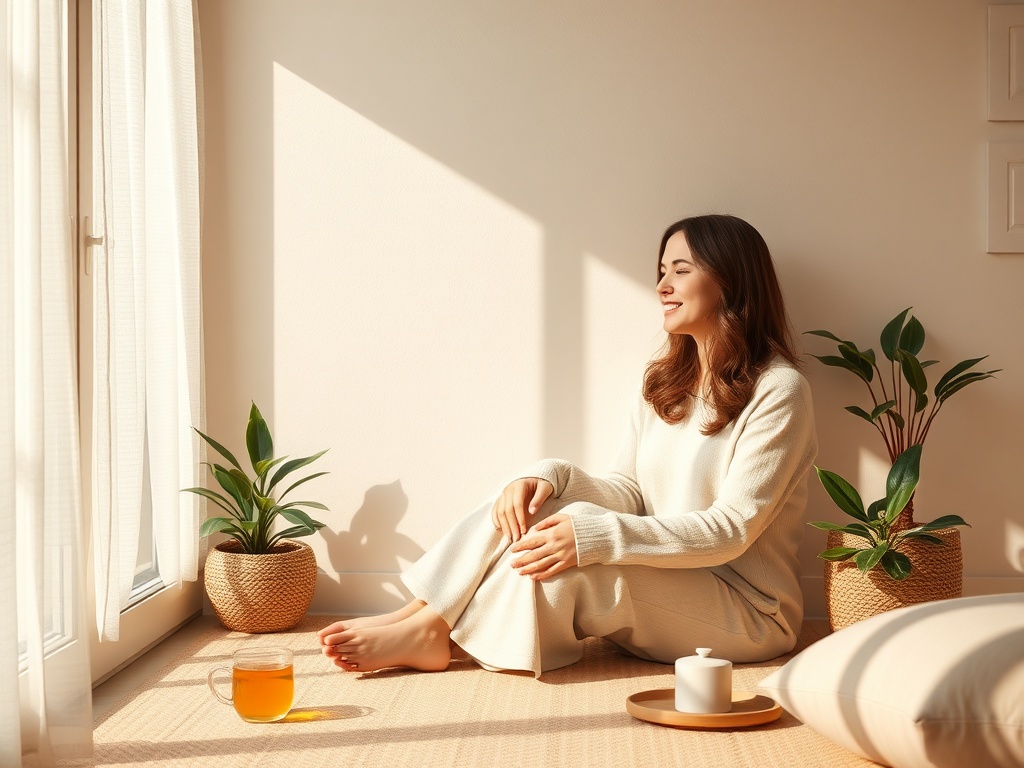 "A soft, serene scene of a woman in her 30s-40s seated peacefully in a cozy, sunlit corner, gentle colors, calm ambiance, subtle audio wave visuals, grounding objects (tea, plants), no logos."