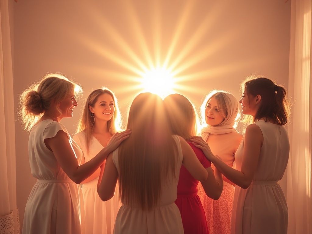 "A radiant group of women in a sunlit, cozy circle, supporting each other; glowing orbs of possibility surround them; soft pastel tones."