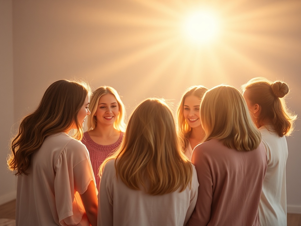 "A radiant group of women in a sunlit, cozy circle, supporting each other; glowing orbs of possibility surround them; soft pastel tones."
