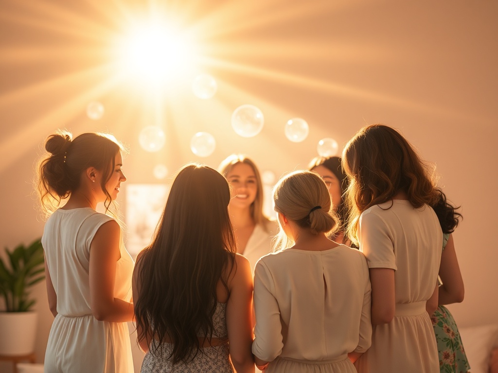 "A radiant group of women in a sunlit, cozy circle, supporting each other; glowing orbs of possibility surround them; soft pastel tones."