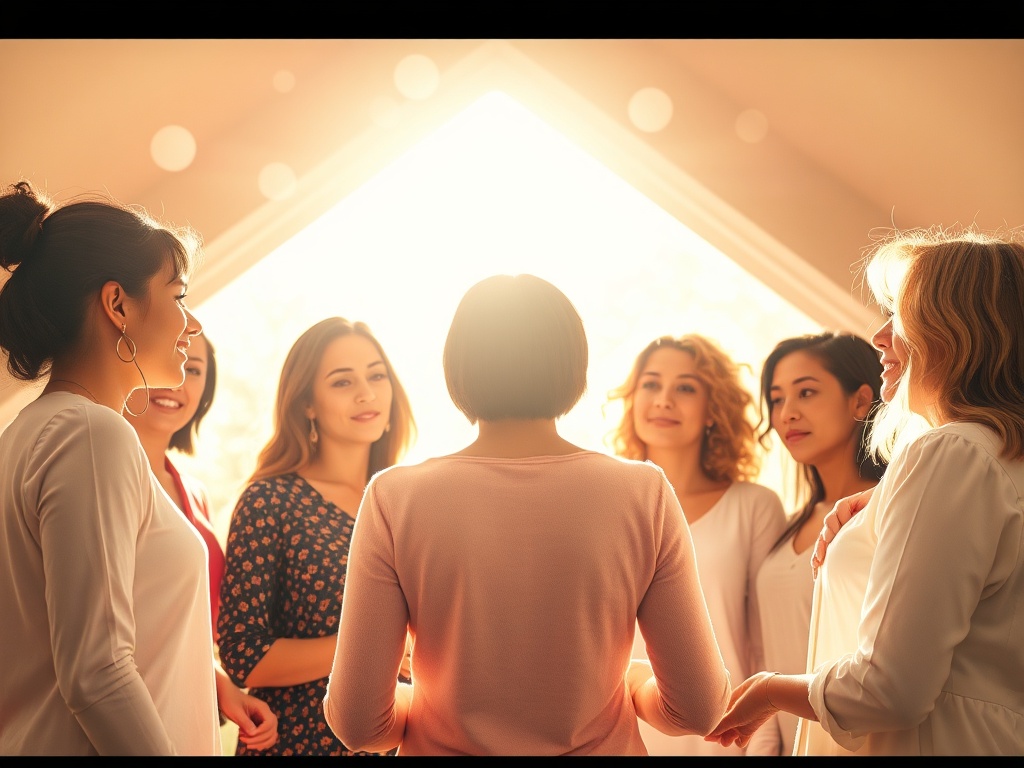 "A radiant group of women in a sunlit, cozy circle, supporting each other; glowing orbs of possibility surround them; soft pastel tones."