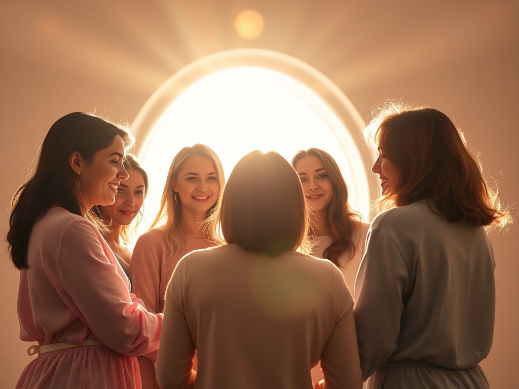 "A radiant group of women in a sunlit, cozy circle, supporting each other; glowing orbs of possibility surround them; soft pastel tones."
