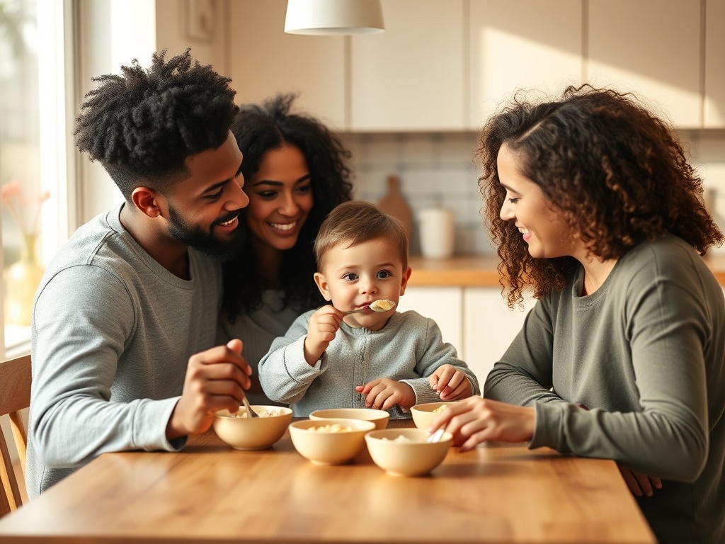 A warm, candid scene of diverse parents and a toddler at a sunny kitchen table, demonstrating calm feeding moments with spoons and soft textures.