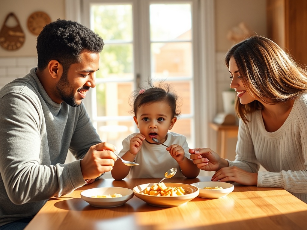 A warm, candid scene of diverse parents and a toddler at a sunny kitchen table, demonstrating calm feeding moments with spoons and soft textures.
