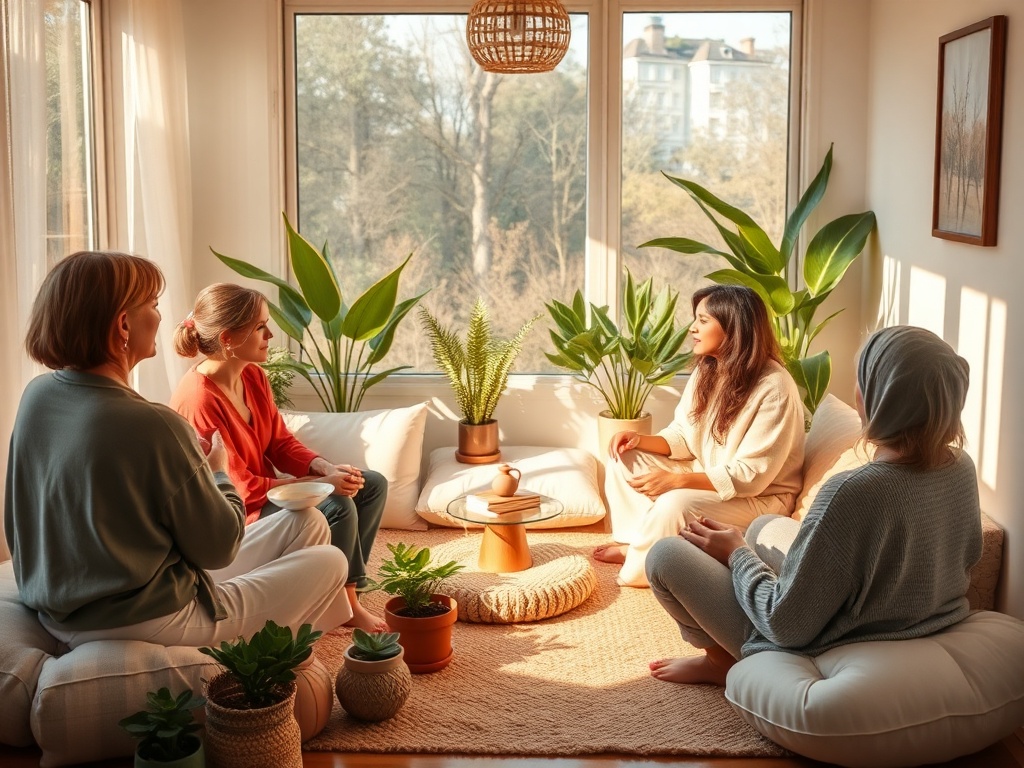 "A warm, sunlit cozy room" "diverse women sitting in circle" "soft cushions, plants, tea" "gentle, healing atmosphere" "golden hour light"