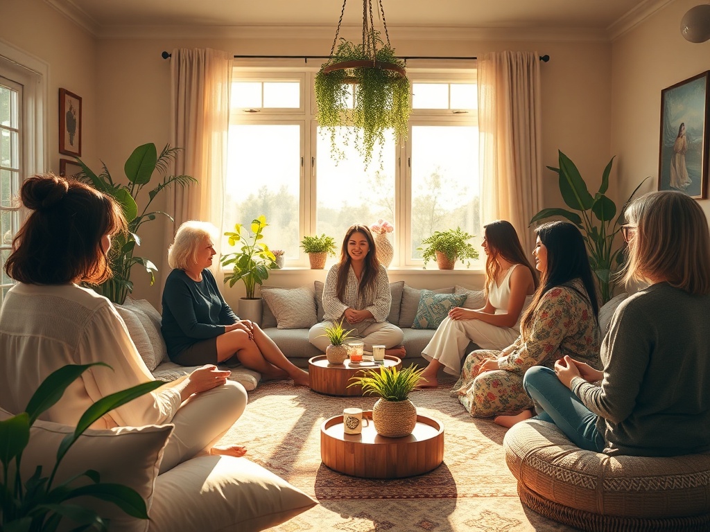 "A warm, sunlit cozy room" "diverse women sitting in circle" "soft cushions, plants, tea" "gentle, healing atmosphere" "golden hour light"