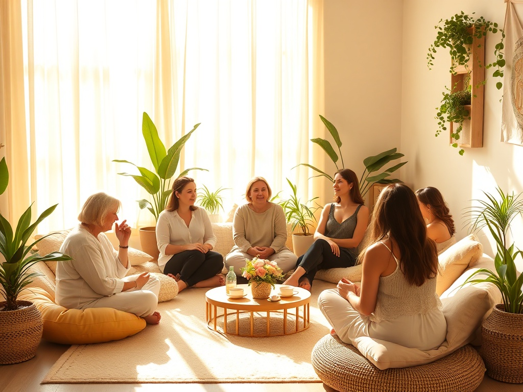 "A warm, sunlit cozy room" "diverse women sitting in circle" "soft cushions, plants, tea" "gentle, healing atmosphere" "golden hour light"