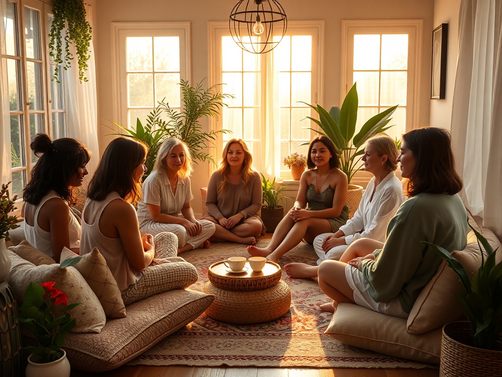"A warm, sunlit cozy room" "diverse women sitting in circle" "soft cushions, plants, tea" "gentle, healing atmosphere" "golden hour light"
