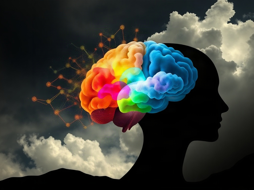 Dark-to-bright metamorphosis scene; abstract brain-mindscape transforming into clear system blueprint; four colored stress sources as translucent clouds dissolving into steady rhythm lines; hopeful leadership silhouette guiding.