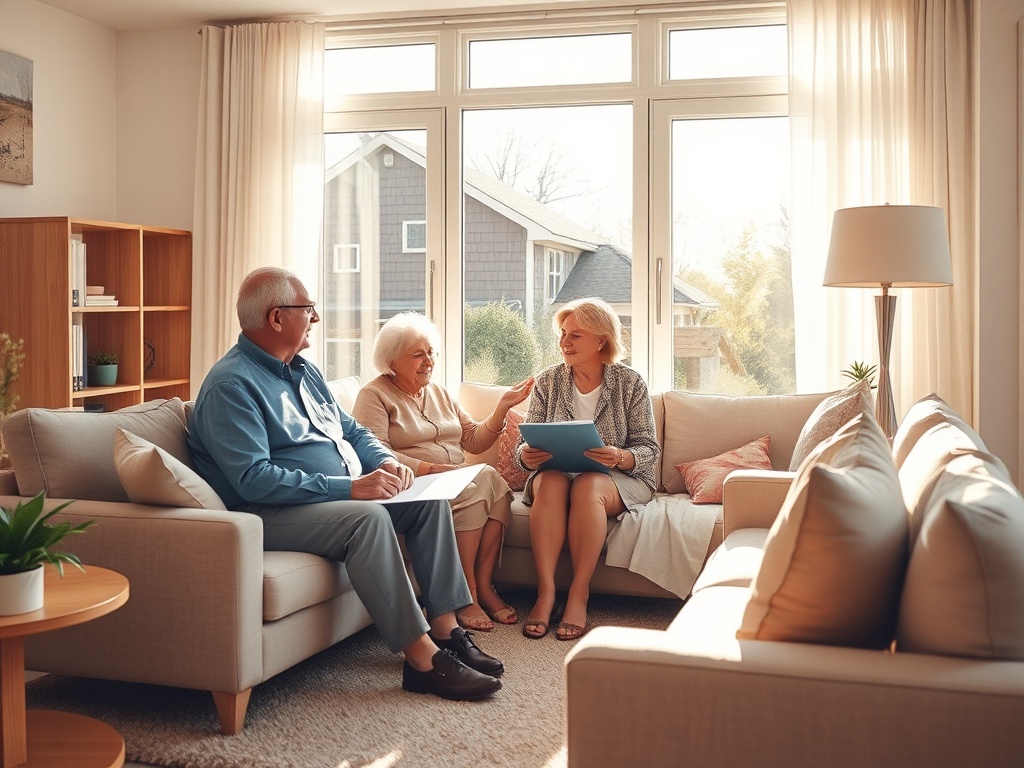 A warm, sunlit living room where an elderly couple sits with a financial advisor, couches, a window view of a cozy neighborhood, serene and hopeful atmosphere.