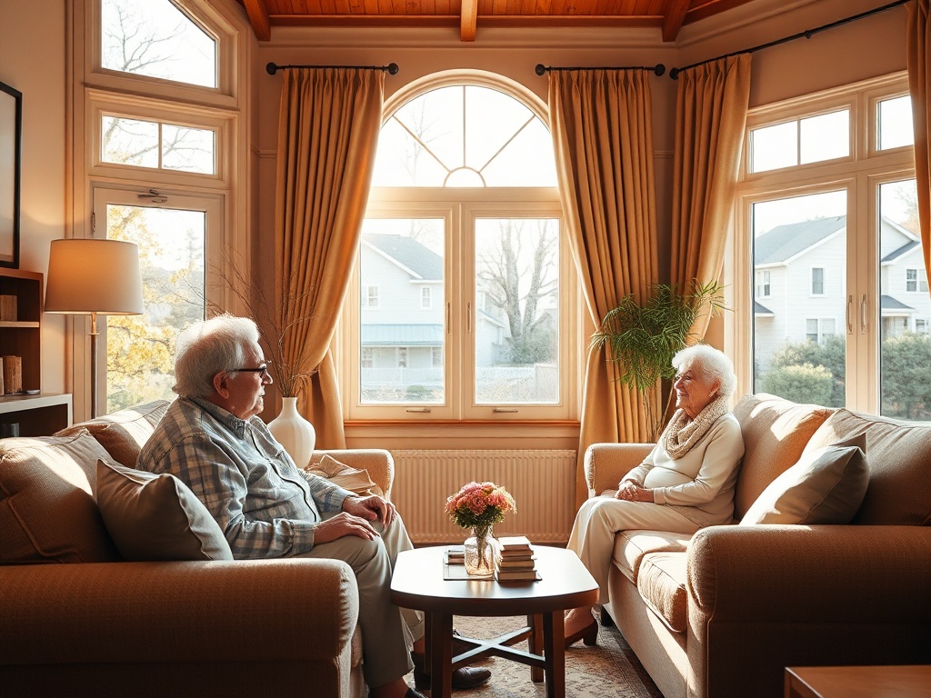 A warm, sunlit living room where an elderly couple sits with a financial advisor, couches, a window view of a cozy neighborhood, serene and hopeful atmosphere.