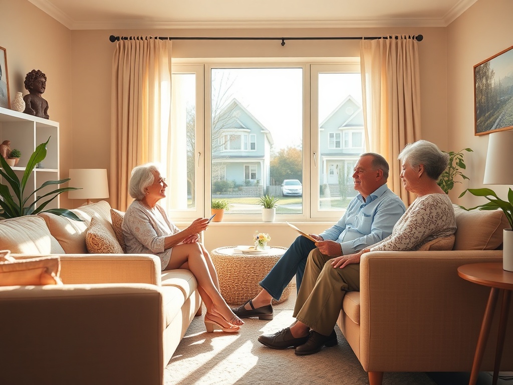 A warm, sunlit living room where an elderly couple sits with a financial advisor, couches, a window view of a cozy neighborhood, serene and hopeful atmosphere.