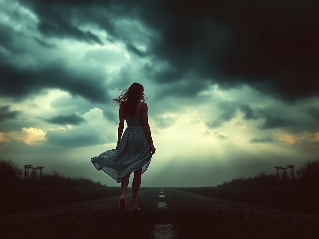 A dramatic, cinematic scene of a woman standing at a crossroads, windswept dress, stormy sky, symbolic shadows of choices and consequences, muted palette.