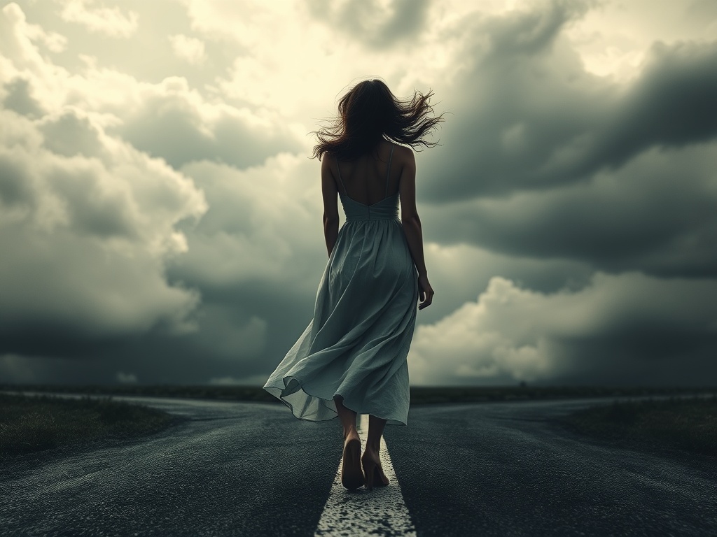 A dramatic, cinematic scene of a woman standing at a crossroads, windswept dress, stormy sky, symbolic shadows of choices and consequences, muted palette.