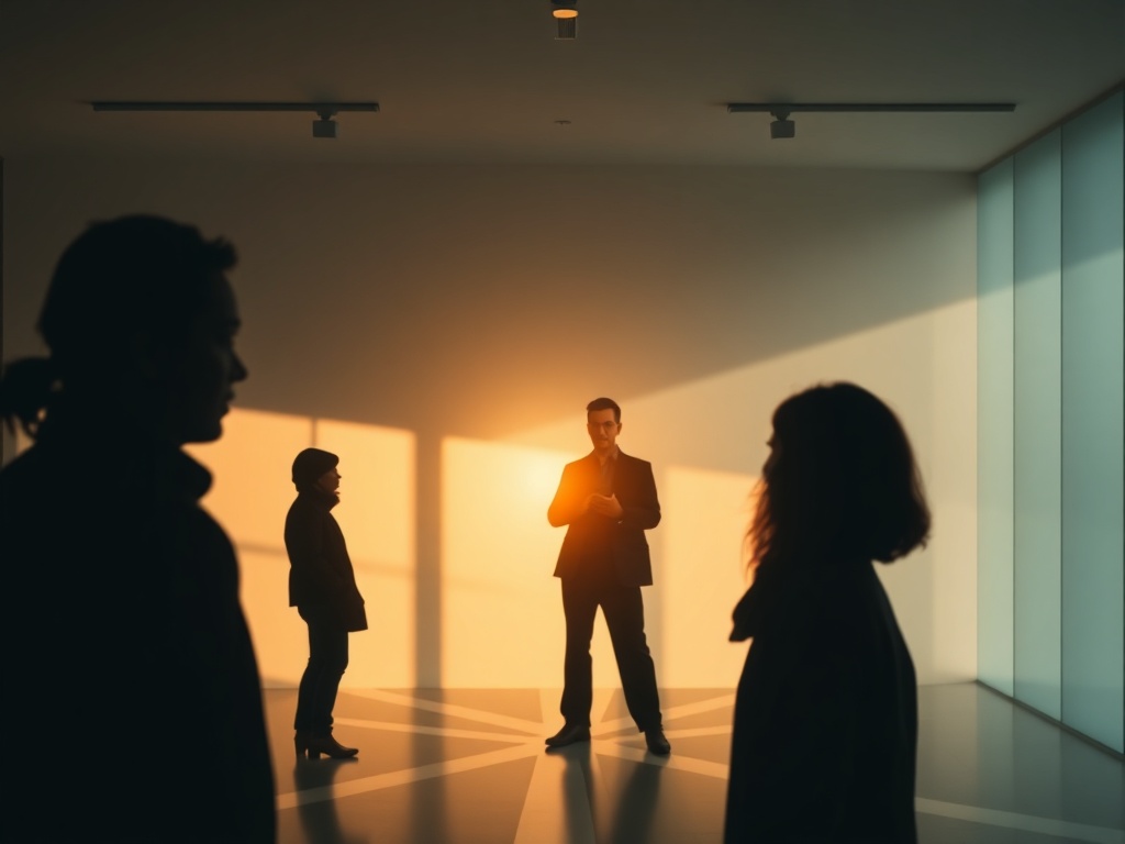 "A reflective trainer guides a diverse group through a serene study-space, symbolic crossroads framing their silhouettes, warm light, subtle shadows, thoughtful expressions."