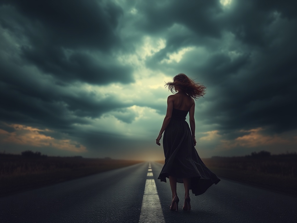 A dramatic, cinematic scene of a woman standing at a crossroads, windswept dress, stormy sky, symbolic shadows of choices and consequences, muted palette.