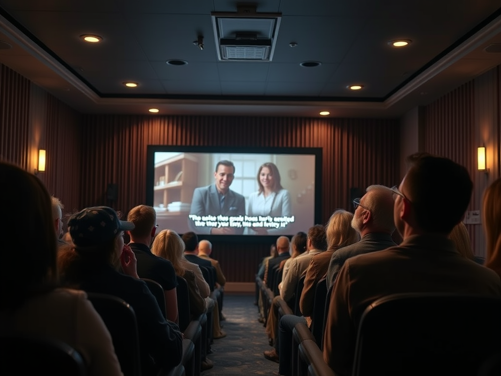 Een diverse groep mensen kijkt aandachtig naar een documentaire.