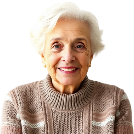 Een glimlachende oudere vrouw met een lichte achtergrond.