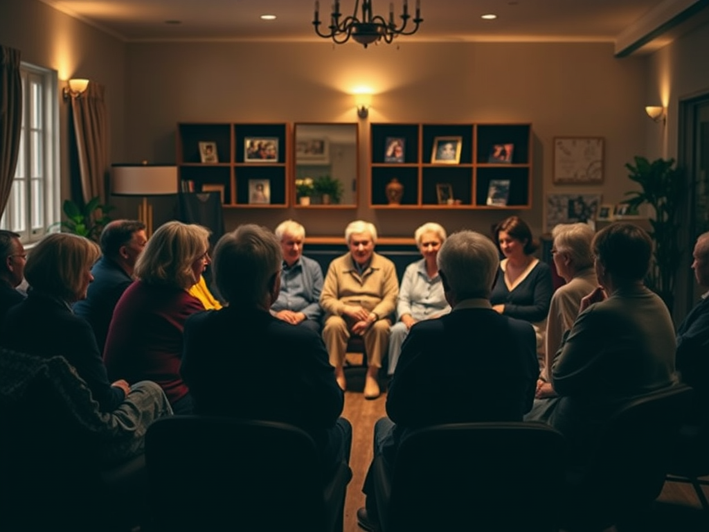 Een warme kamer met mensen in een cirkel, in gesprek.