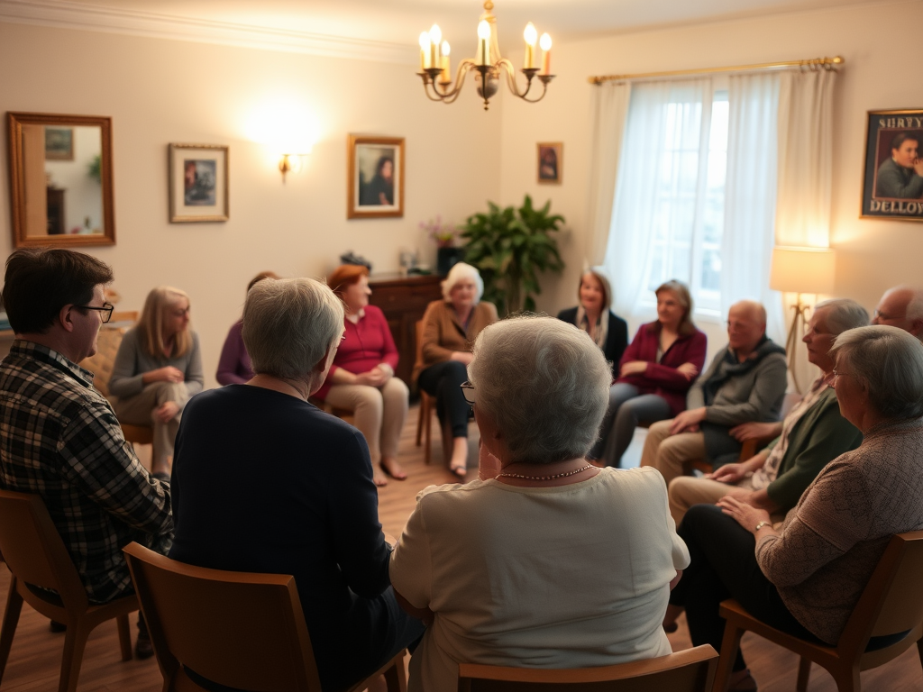 Een warme kamer met mensen in een kring, gesprekken over dementie.