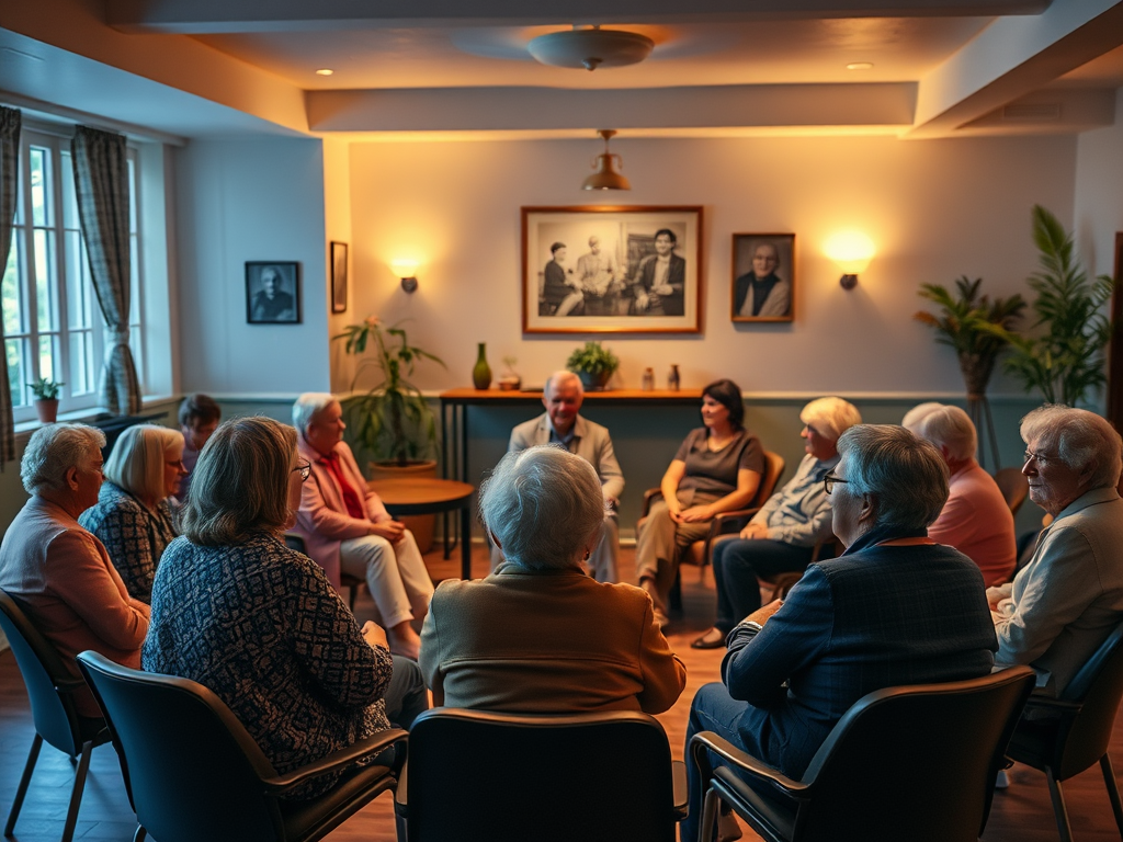 Een warme kamer met mensen in een cirkel, die gesprekken delen.