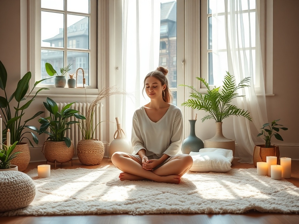 "A serene, sunlit room where a calm woman sits cross-legged on a soft rug, surrounded by gentle plants, candles, and a warm blanket, vapor of breath calming."