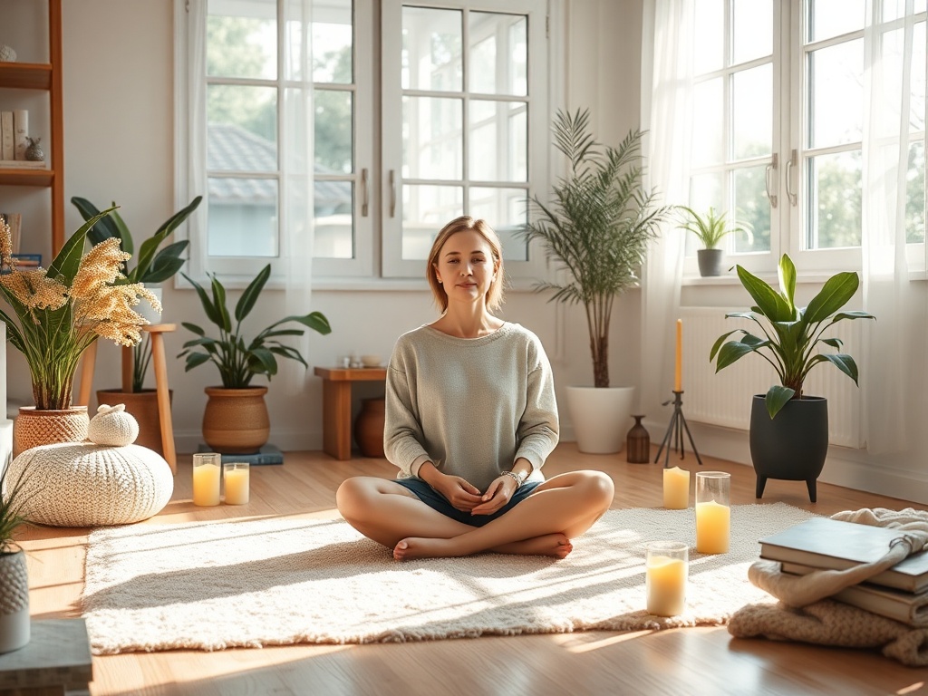 "A serene, sunlit room where a calm woman sits cross-legged on a soft rug, surrounded by gentle plants, candles, and a warm blanket, vapor of breath calming."