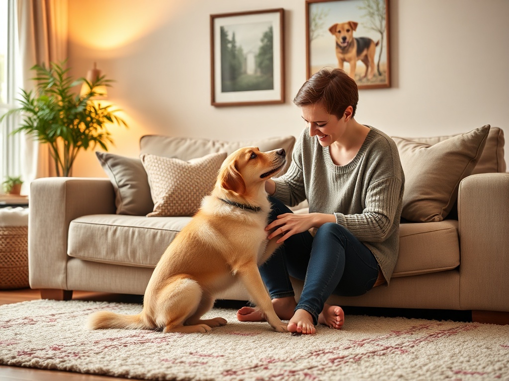 "A warm, inviting living room scene with a new dog and owner calmly bonding; soft lighting, cozy cushions, a safety-focused setup, subtle instructional elements."