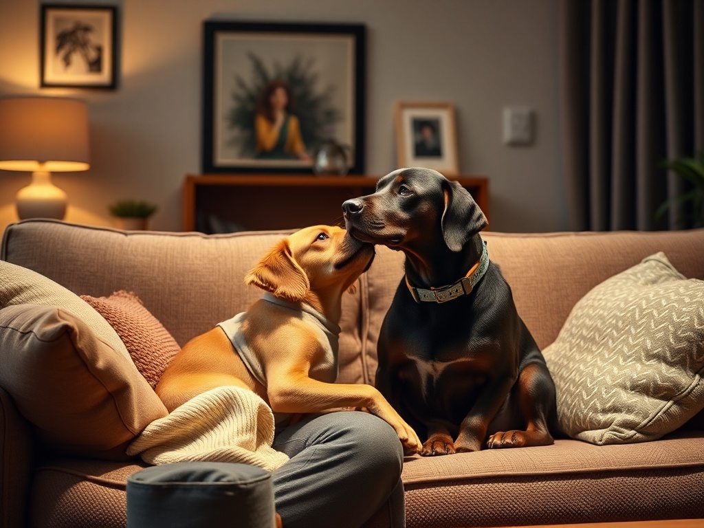"A warm, inviting living room scene with a new dog and owner calmly bonding; soft lighting, cozy cushions, a safety-focused setup, subtle instructional elements."