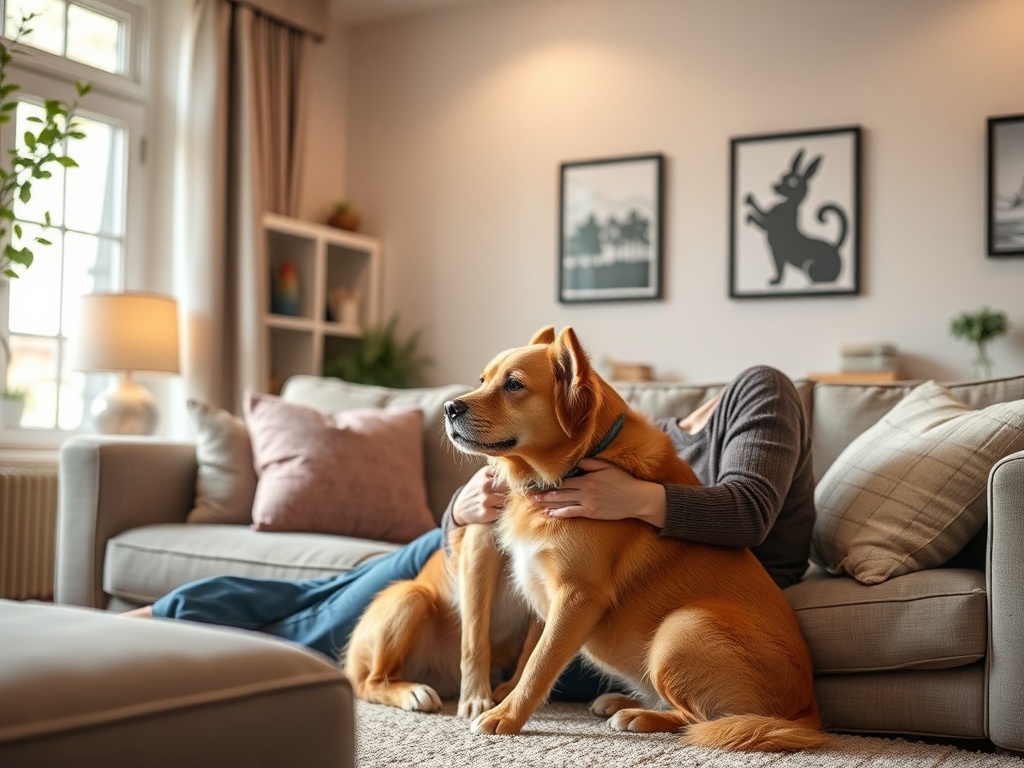 "A warm, inviting living room scene with a new dog and owner calmly bonding; soft lighting, cozy cushions, a safety-focused setup, subtle instructional elements."