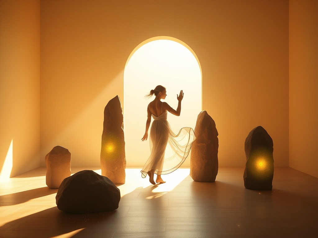 A serene, sunlit studio scene with at least three standing stones, each glowing softly; a woman in flowy attire gently engaging with them, warm colors, calm atmosphere, subtle sparkles.