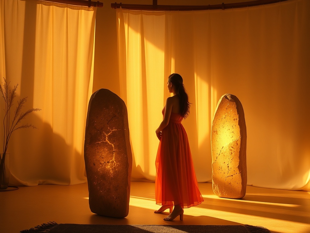 A serene, sunlit studio scene with at least three standing stones, each glowing softly; a woman in flowy attire gently engaging with them, warm colors, calm atmosphere, subtle sparkles.