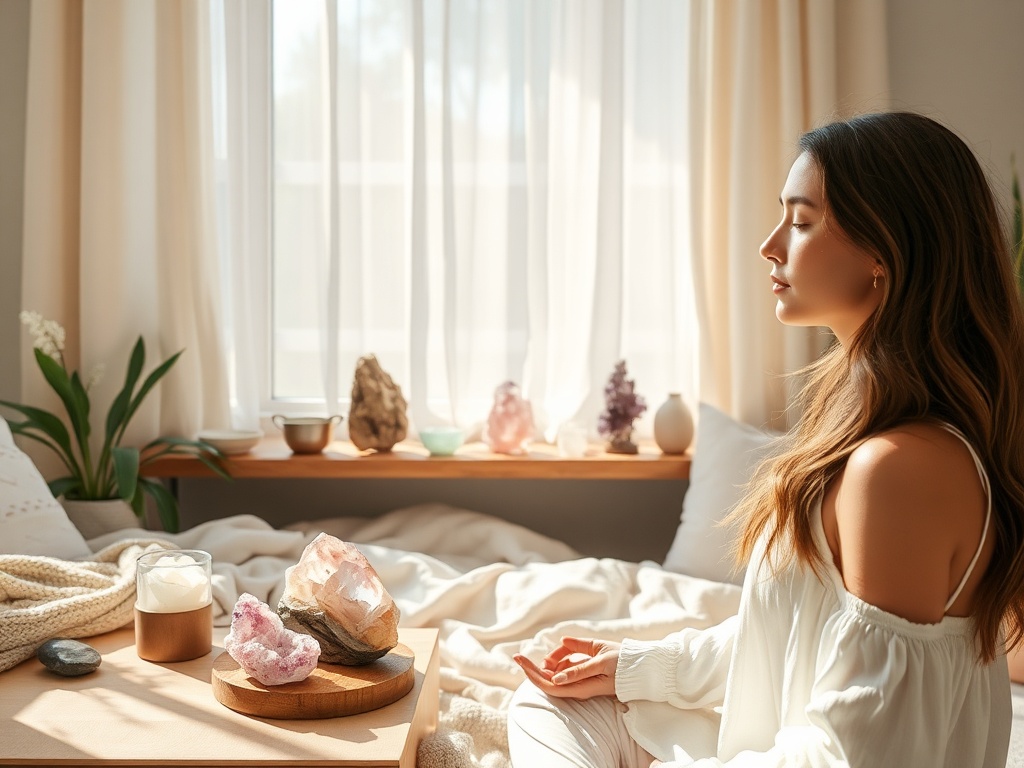"A serene, sunlit living room altar with glowing crystals—rose quartz, amethyst, labradorite—on a wooden shelf, soft fabrics, and a calm woman meditating."