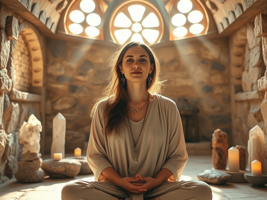 "A calm, radiant woman teacher in a sunlit stone studio, surrounded by glowing crystals and standing stones, teaching on modern mindfulness."