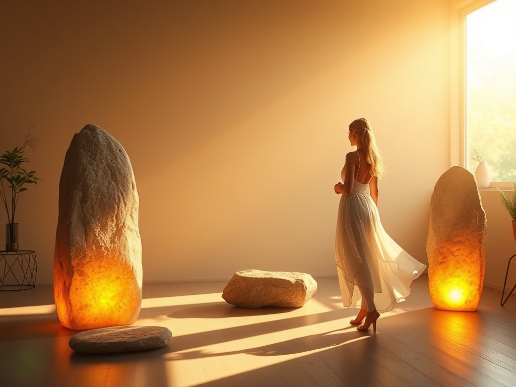 A serene, sunlit studio scene with at least three standing stones, each glowing softly; a woman in flowy attire gently engaging with them, warm colors, calm atmosphere, subtle sparkles.