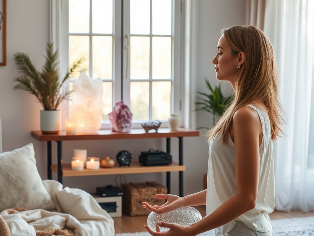 "A serene, sunlit living room altar with glowing crystals—rose quartz, amethyst, labradorite—on a wooden shelf, soft fabrics, and a calm woman meditating."
