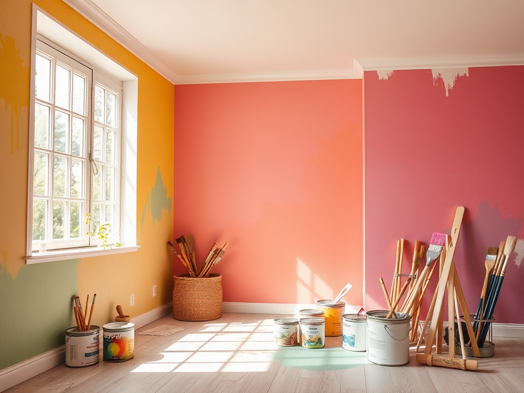 Kleurvolle interieur met verf en kwasten in het licht.