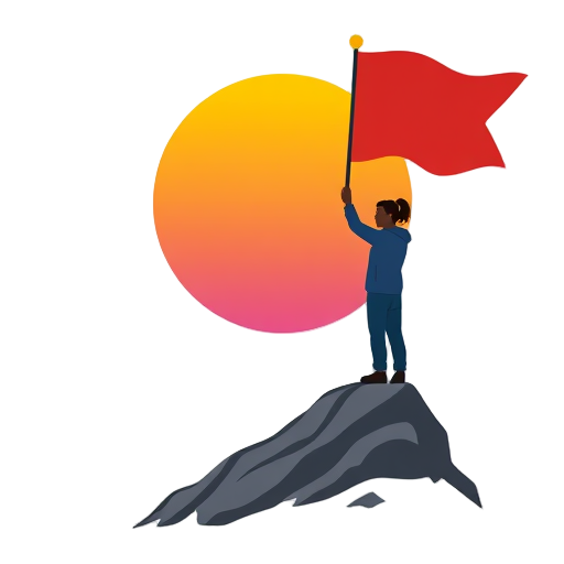 Een persoon met een vlag op een bergtop bij zonsopgang.