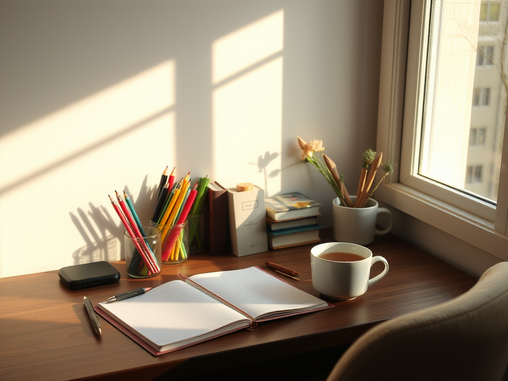 Een serene werkplek met een bureau, notitieboek en thee.