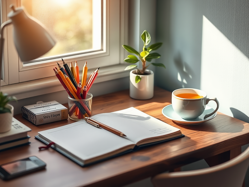 Een serene werkplek met een bureau, notitieboek en thee.
