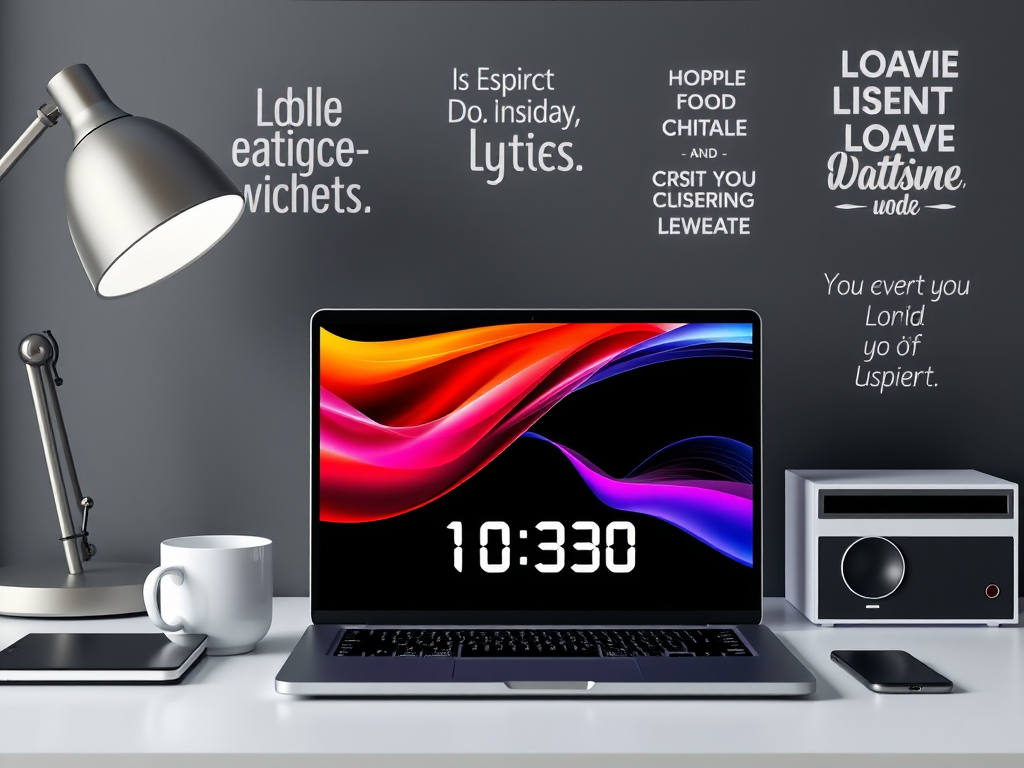 Een modern bureau met laptop, koffiemok en inspirerende quotes.